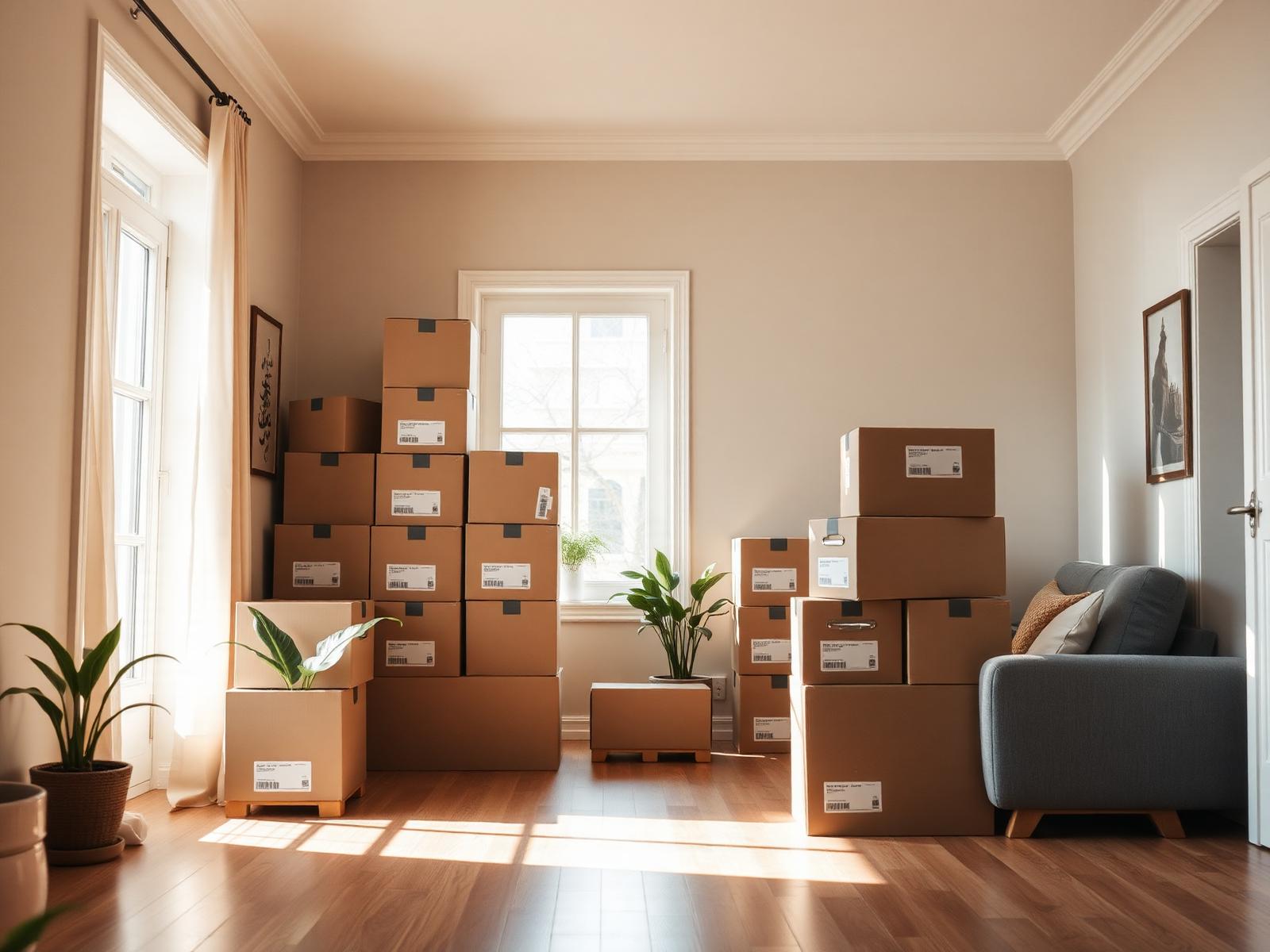 Modern living room being packed with labeled moving boxes